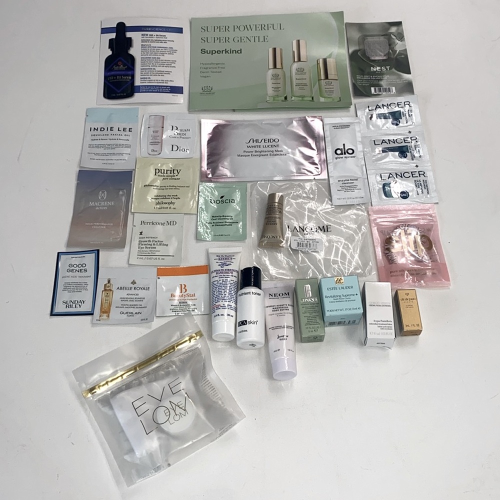 (Lot of 24) VARIOUS Luxury skincare items, 1 slip luxury hair scrunchie, All NEW